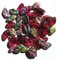 50 12mm Transparent Ruby Vitrail Glass Leaf Beads